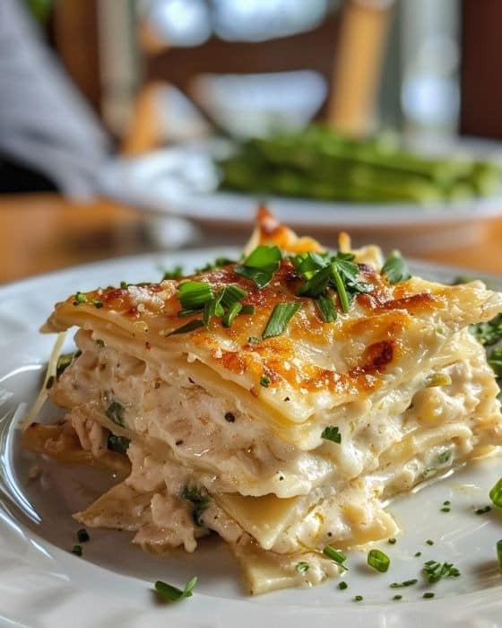 Eight to eight Alfredo lasagna with chicken and vegetables. | ARABE-DATSH