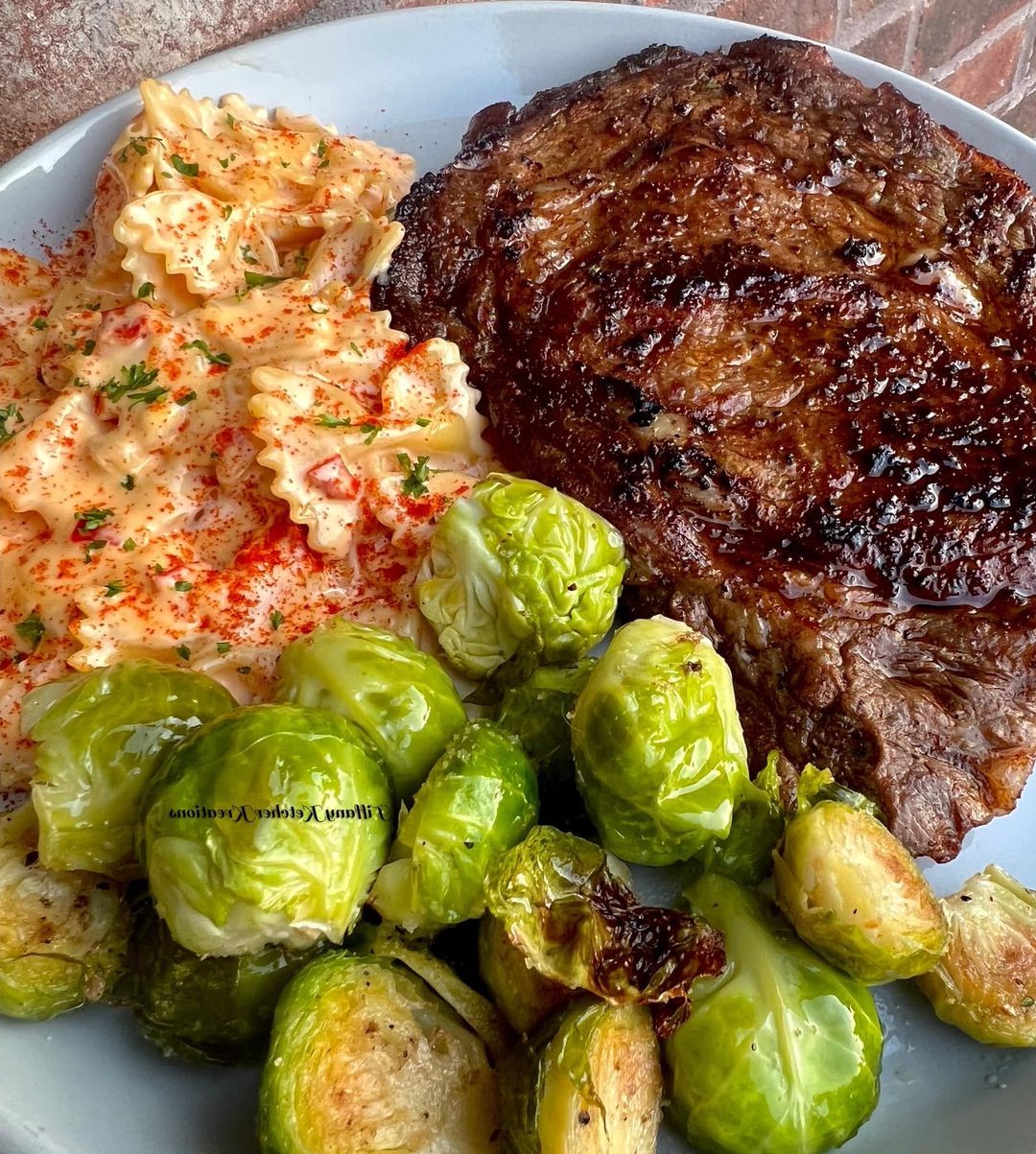 Ribeye Steak, Chili Smoked Gouda Farfalle, and Brussels Sprouts ARABE