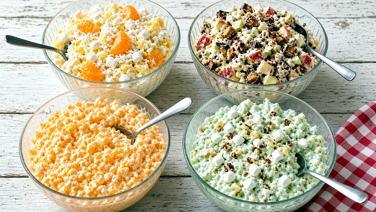 Four glass bowls of Ambrosia, Apple Snickers, cottage cheese orange Jello, and Watergate salads with spoons on a white wood table