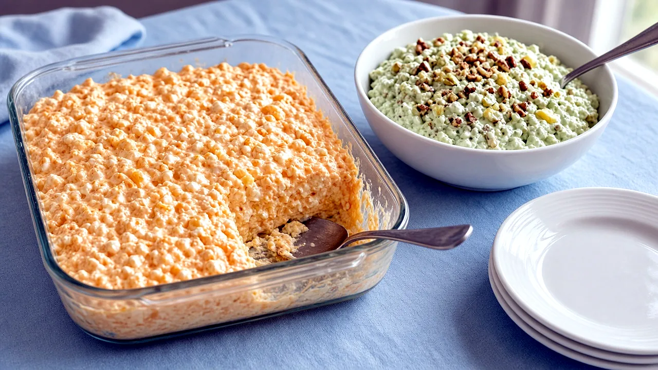 Nine-by-thirteen glass dish of orange cottage cheese Jello salad with a scoop removed beside a white bowl of Watergate salad and dessert plates