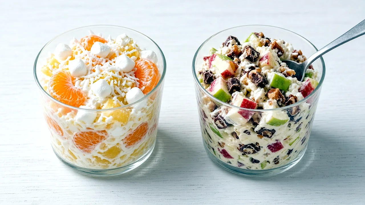 Close-up of two glass cups of Ambrosia salad and Apple Snickers salad showing fruit, marshmallows, and candy pieces