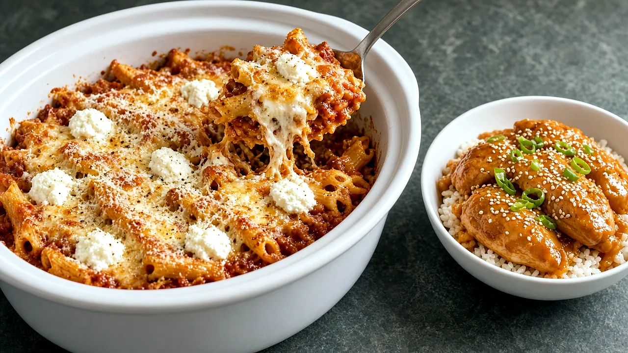 Baked ziti in a white slow-cooker insert with a spoon scooping melted cheese beside a bowl of glossy orange chicken over rice with sesame seeds and green onion