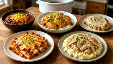 Five crockpot dinners on a wood table—chili with cheddar, orange chicken over rice, ranch pork chop with gravy, baked ziti, and chicken and gravy over mashed potatoes—with a white slow cooker in the background