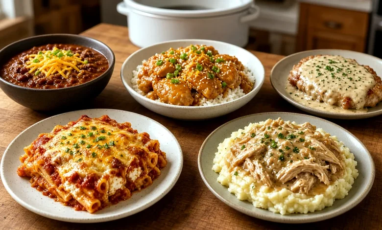Five crockpot dinners on a wood table—chili with cheddar, orange chicken over rice, ranch pork chop with gravy, baked ziti, and chicken and gravy over mashed potatoes—with a white slow cooker in the background