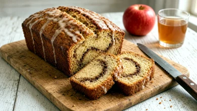 Glazed apple cider cinnamon roll bread loaf on a cutting board with two slices showing cinnamon swirl, red apple and cider glass behind