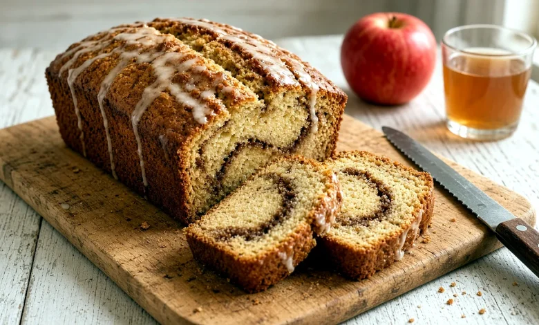 Glazed apple cider cinnamon roll bread loaf on a cutting board with two slices showing cinnamon swirl, red apple and cider glass behind