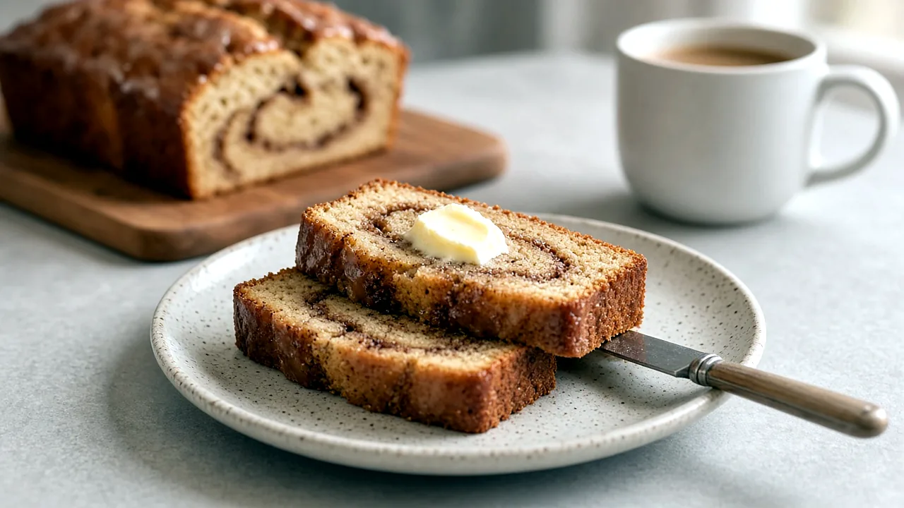 Two slices of glazed apple cider cinnamon roll bread with butter on plates, coffee nearby and loaf in the background