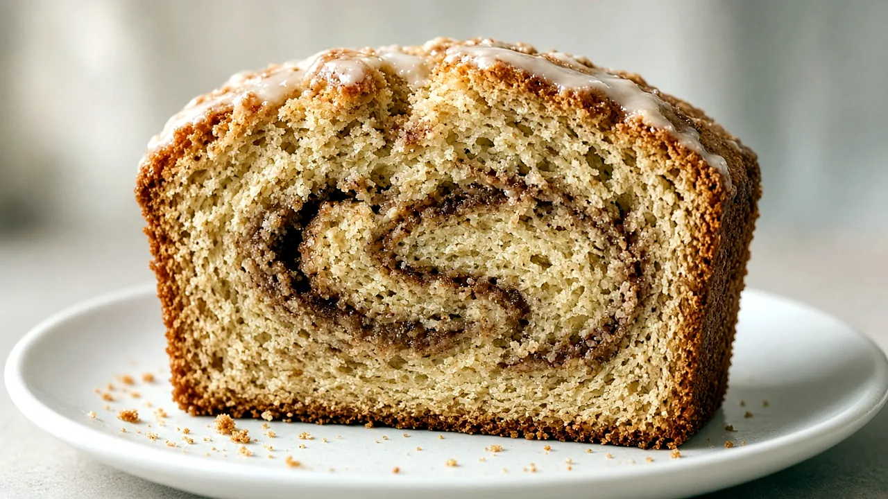 Thick glazed slice of apple cider cinnamon roll bread on a white plate, showing a dark cinnamon-sugar swirl through the moist crumb