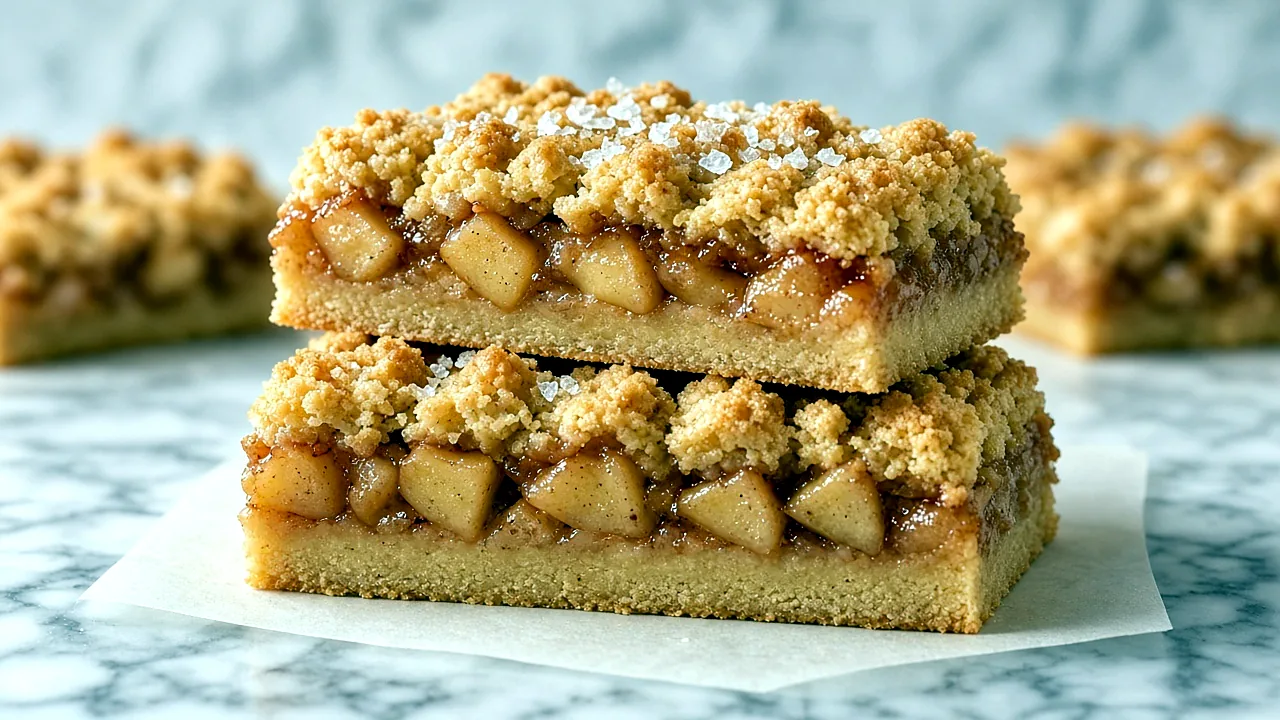 Close-up cross-section of an apple crumble bar showing the shortbread base, cinnamon apple filling, and golden crumble top