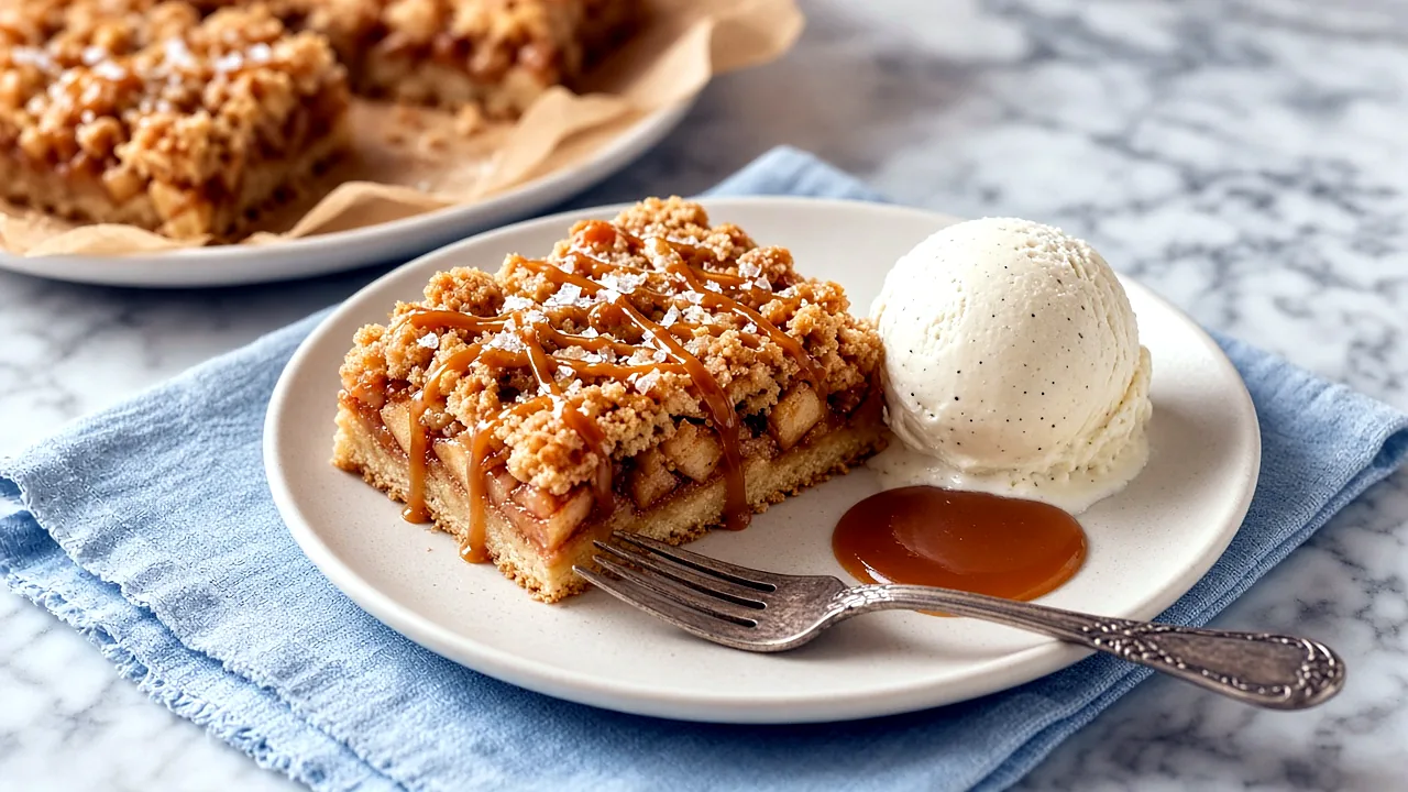 A warm apple crumble bar on a small plate with a scoop of vanilla ice cream and a spoonful of caramel sauce