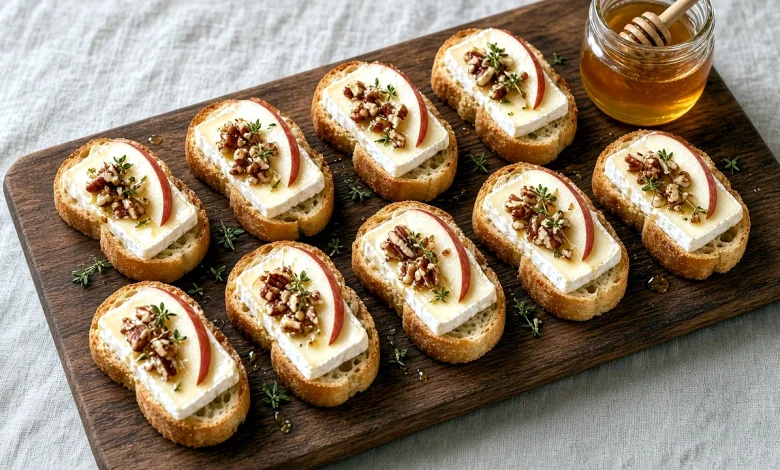 Wooden board of about ten apple honey Brie crostini with red apple slices, chopped pecans, thyme, and a honey jar with dipper