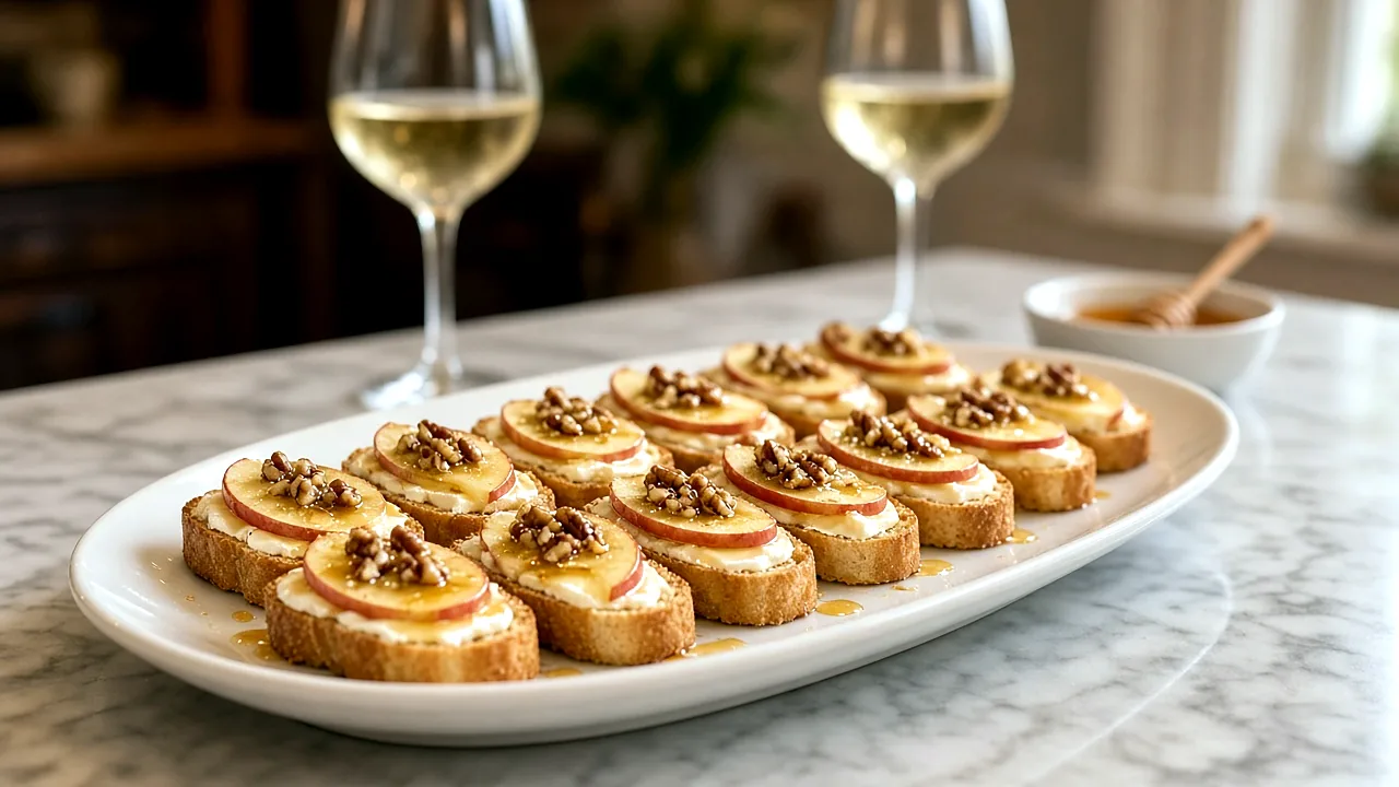 White oval platter of apple honey Brie crostini on marble with two wine glasses and a honey bowl in the background