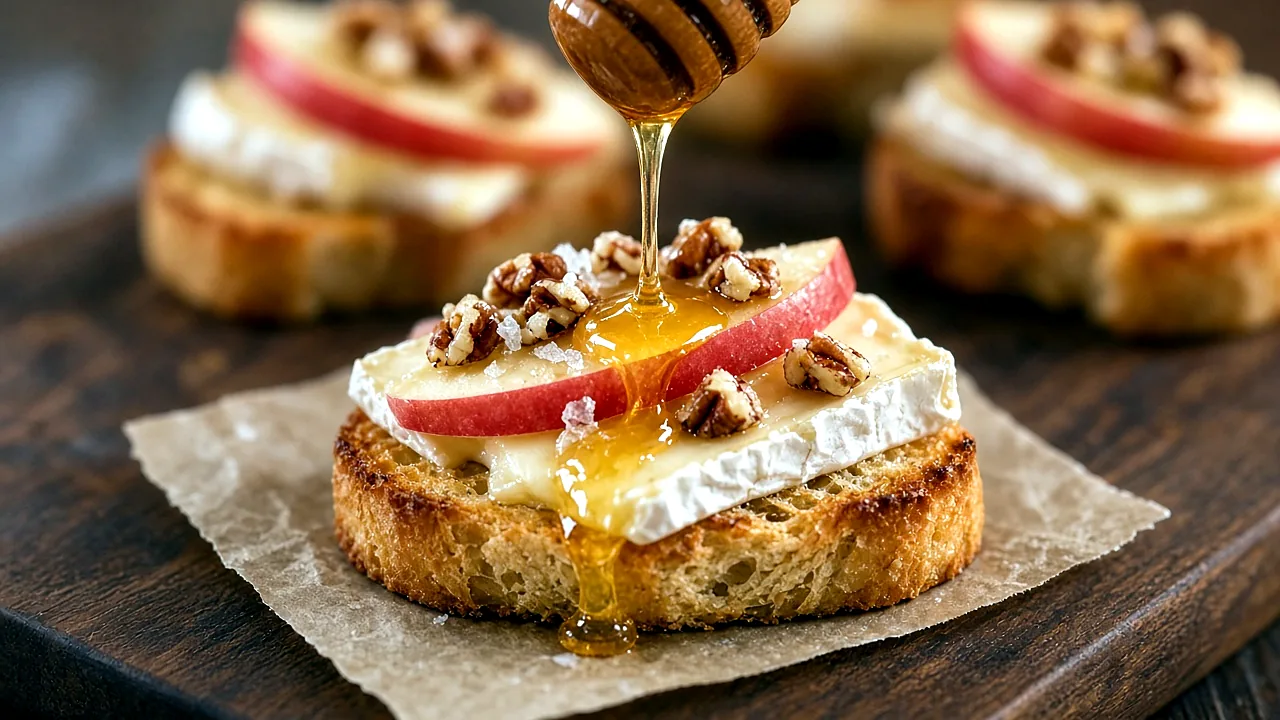Close-up of one apple honey Brie crostini as honey drips from a wooden dipper onto apple, pecans, and Brie