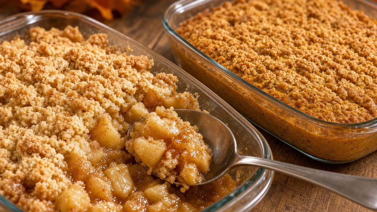 Close-up of apple dump cake and pumpkin dump cake with a spoon scooping moist filling