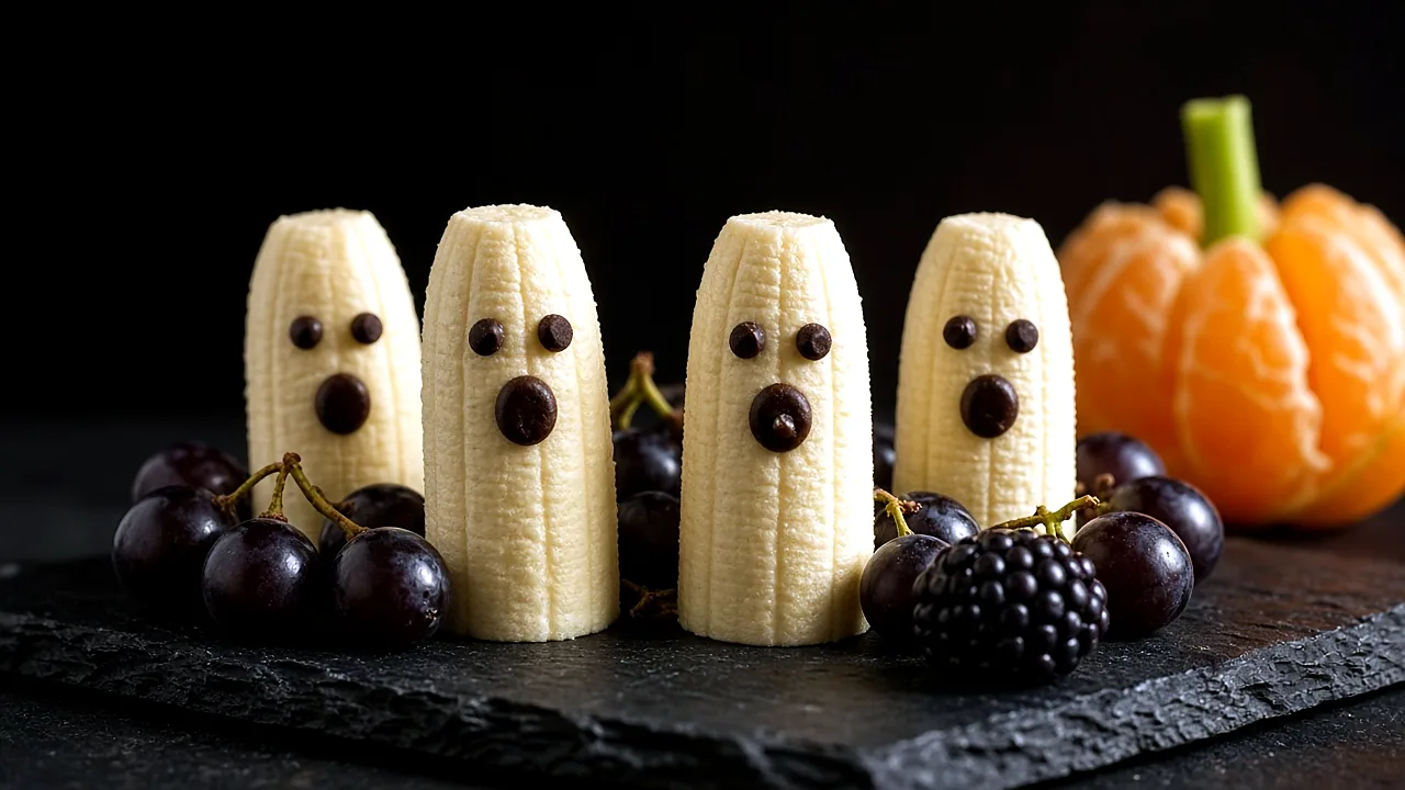 Close-up of halved banana ghosts with mini chocolate chip eyes and chocolate chip mouths standing among dark grapes