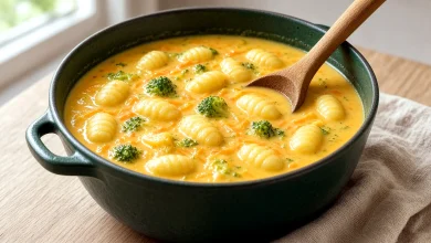 Broccoli cheddar gnocchi soup in a Dutch oven with broccoli florets and potato gnocchi in a creamy cheddar broth
