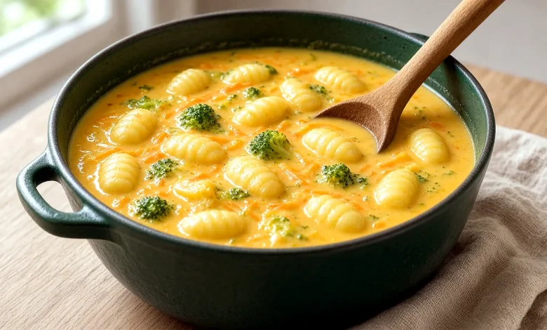 Broccoli cheddar gnocchi soup in a Dutch oven with broccoli florets and potato gnocchi in a creamy cheddar broth
