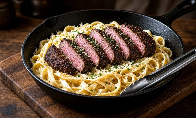 Cajun steak Alfredo in a cast-iron skillet with fettuccine and sliced seared sirloin