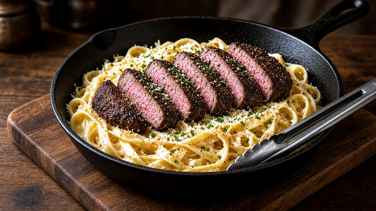 Cajun steak Alfredo in a cast-iron skillet with fettuccine and sliced seared sirloin