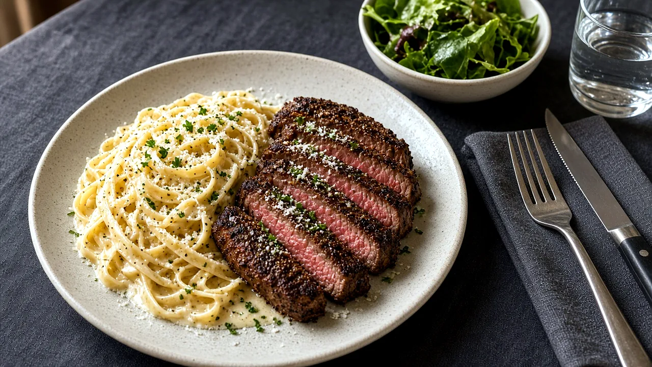 Plate of Cajun steak Alfredo topped with Parmesan and parsley on a dinner table