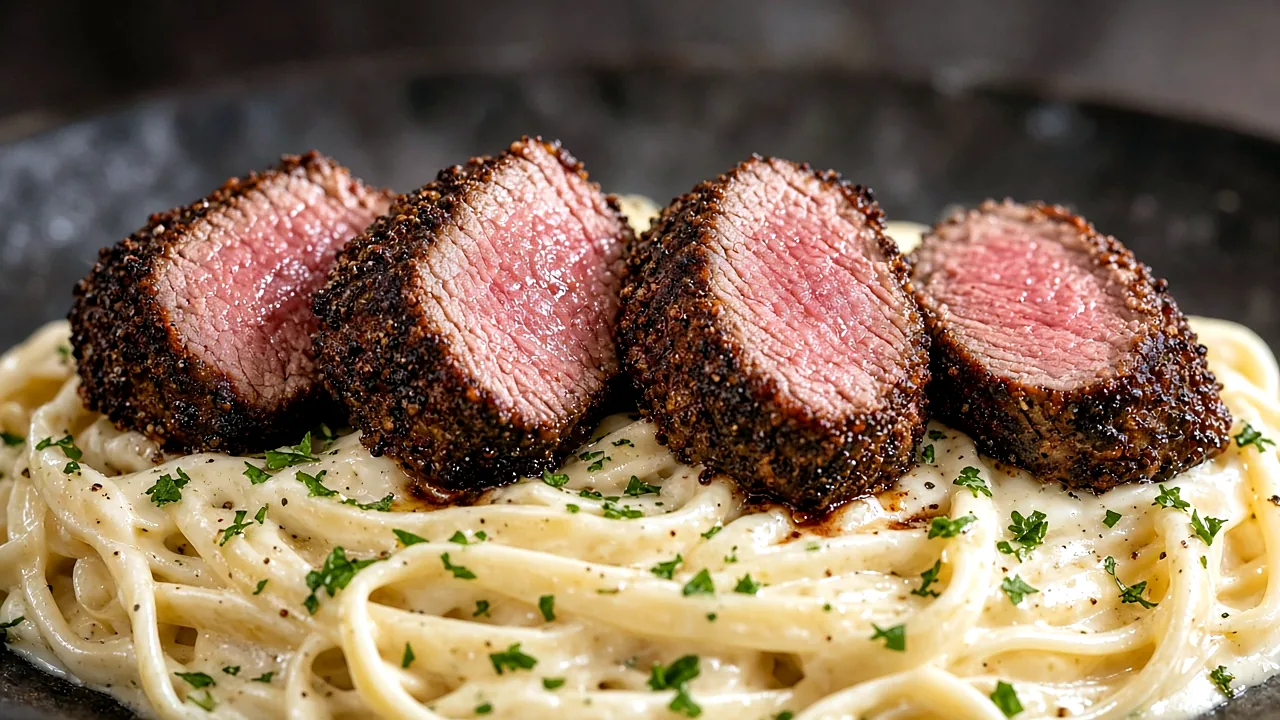 Close-up of sliced Cajun-crusted sirloin with a pink center resting on creamy fettuccine Alfredo