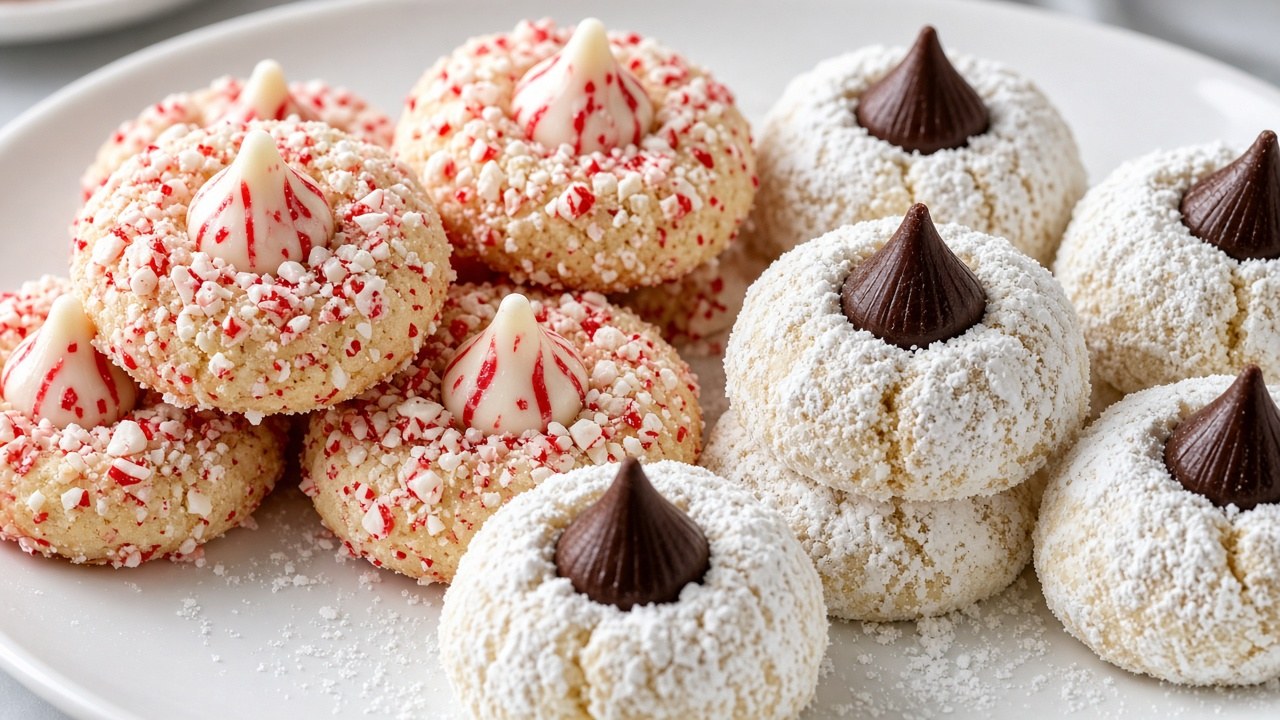 Candy cane kiss cookies with crushed peppermint and powdered snowball kiss cookies on a plate