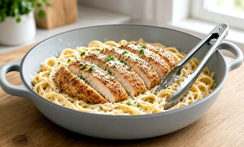 Chicken Alfredo in a skillet with fettuccine in creamy Parmesan sauce and sliced golden chicken breast