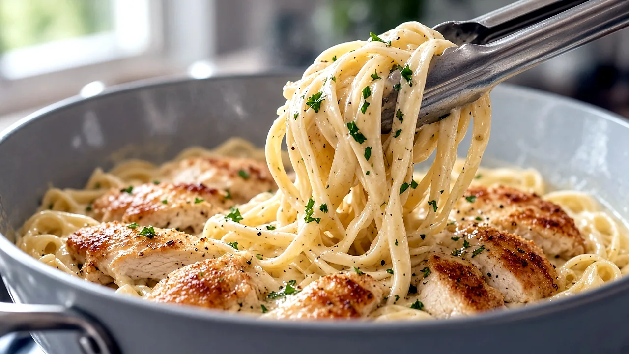 Tongs lifting fettuccine coated in smooth, creamy Alfredo sauce