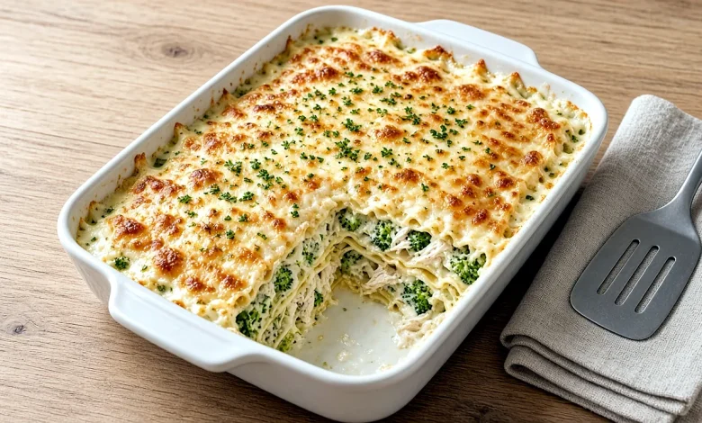 Chicken broccoli lasagna in a 9x13 baking dish with a bubbly golden mozzarella top and one corner piece cut out