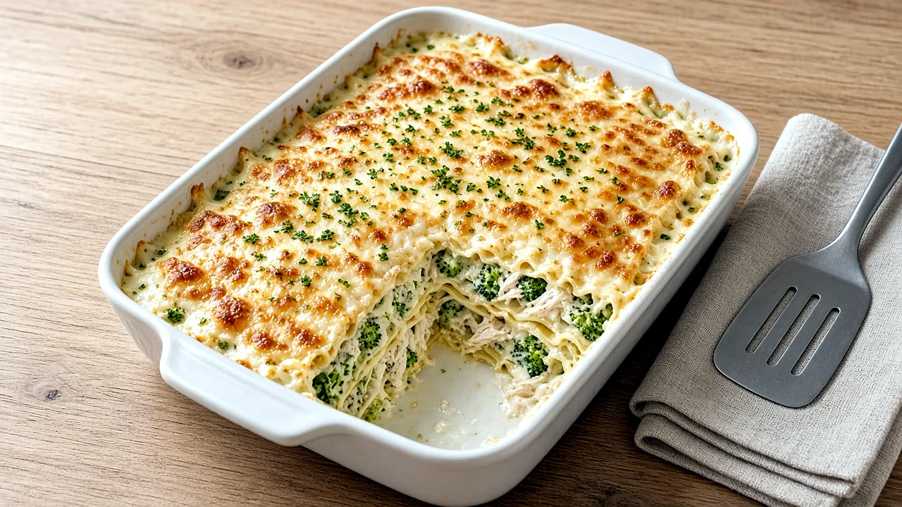 Chicken broccoli lasagna in a 9x13 baking dish with a bubbly golden mozzarella top and one corner piece cut out
