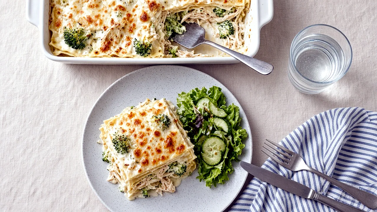 Plated square of chicken broccoli lasagna with a green salad and the baking dish behind it