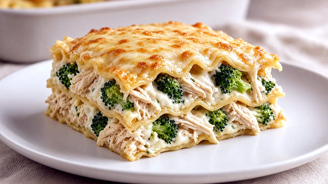 Slice of chicken broccoli lasagna showing noodle layers, shredded chicken, broccoli, and creamy white sauce