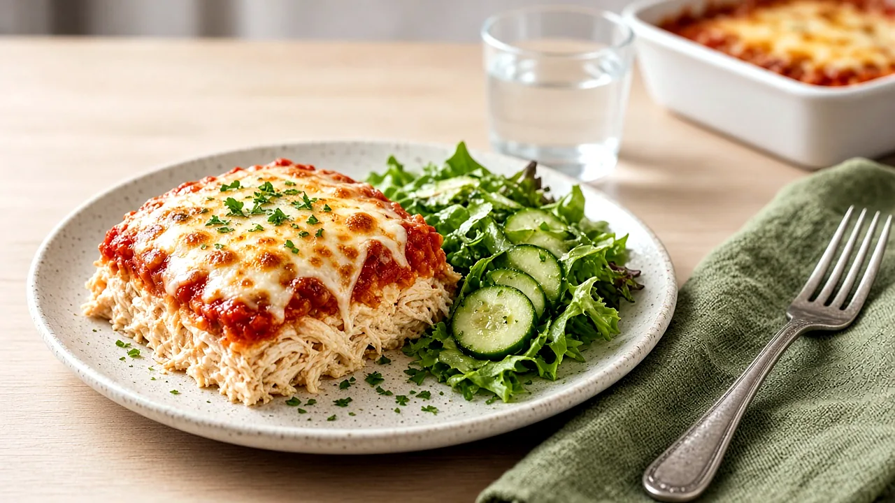 A serving of cheesy chicken parmesan casserole on a stoneware plate with a green salad and a fork