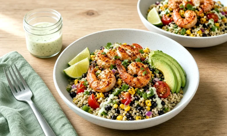 Chili-lime shrimp quinoa bowls with roasted corn salad, black beans, cherry tomatoes, sliced avocado, and lime wedges