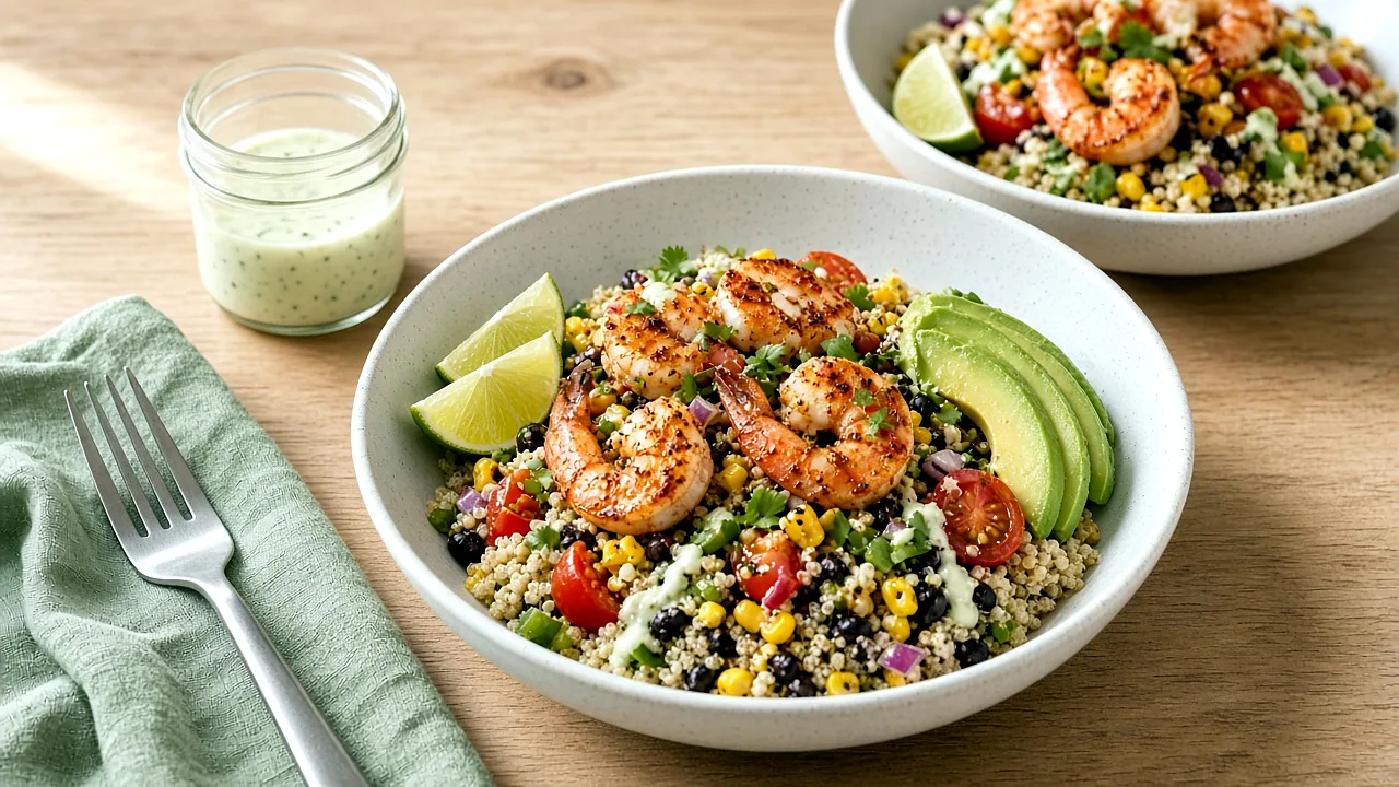 Chili-lime shrimp quinoa bowls with roasted corn salad, black beans, cherry tomatoes, sliced avocado, and lime wedges