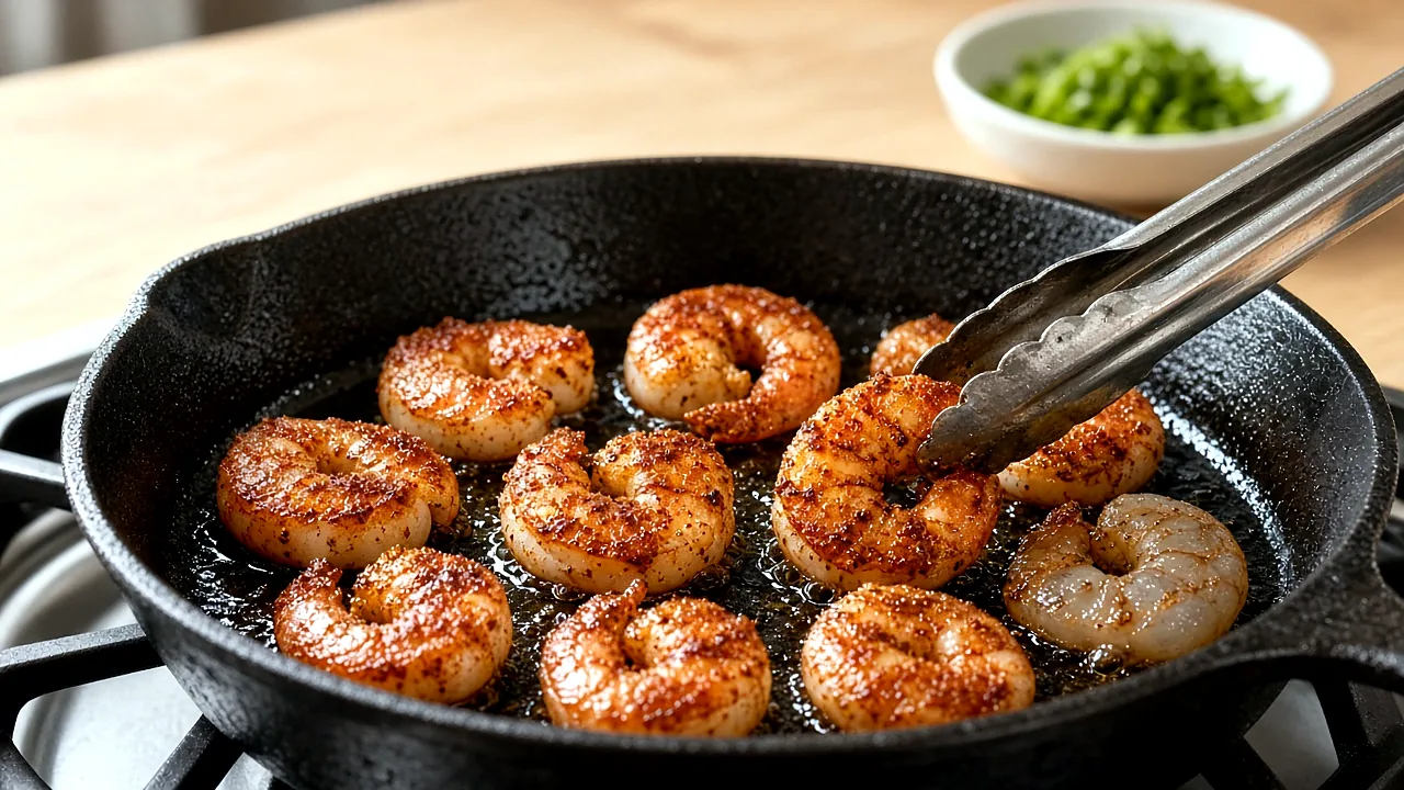 Close-up of chili-lime seasoned shrimp searing in a cast-iron skillet, browned at the edges and pink and opaque