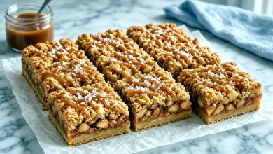Cinnamon apple crumble bars with salted caramel drizzle and flaky sea salt, cut into squares on parchment