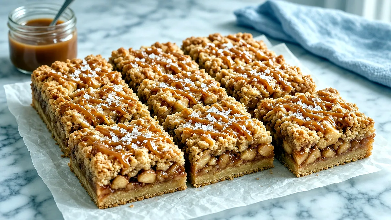 Cinnamon apple crumble bars with salted caramel drizzle and flaky sea salt, cut into squares on parchment