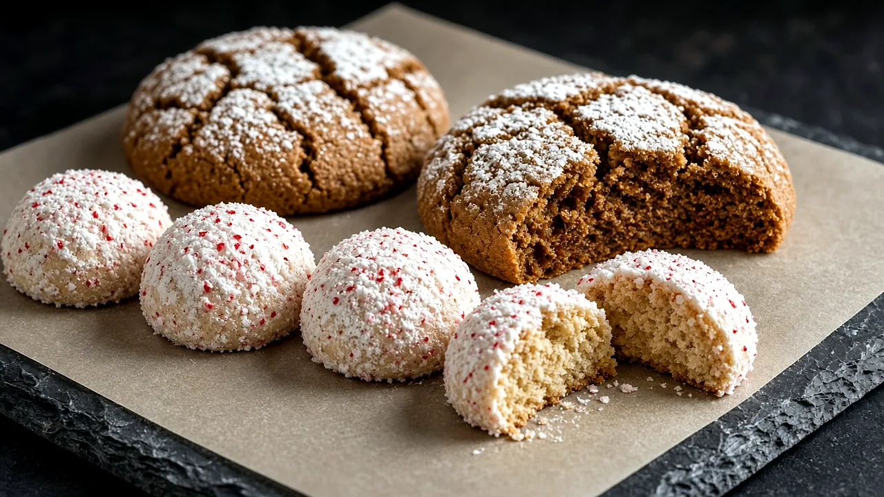 Peppermint meltaways coated in powdered sugar and crushed candy cane—one broken—beside soft powdered-sugar gingerbread cookies—one broken—on parchment over slate