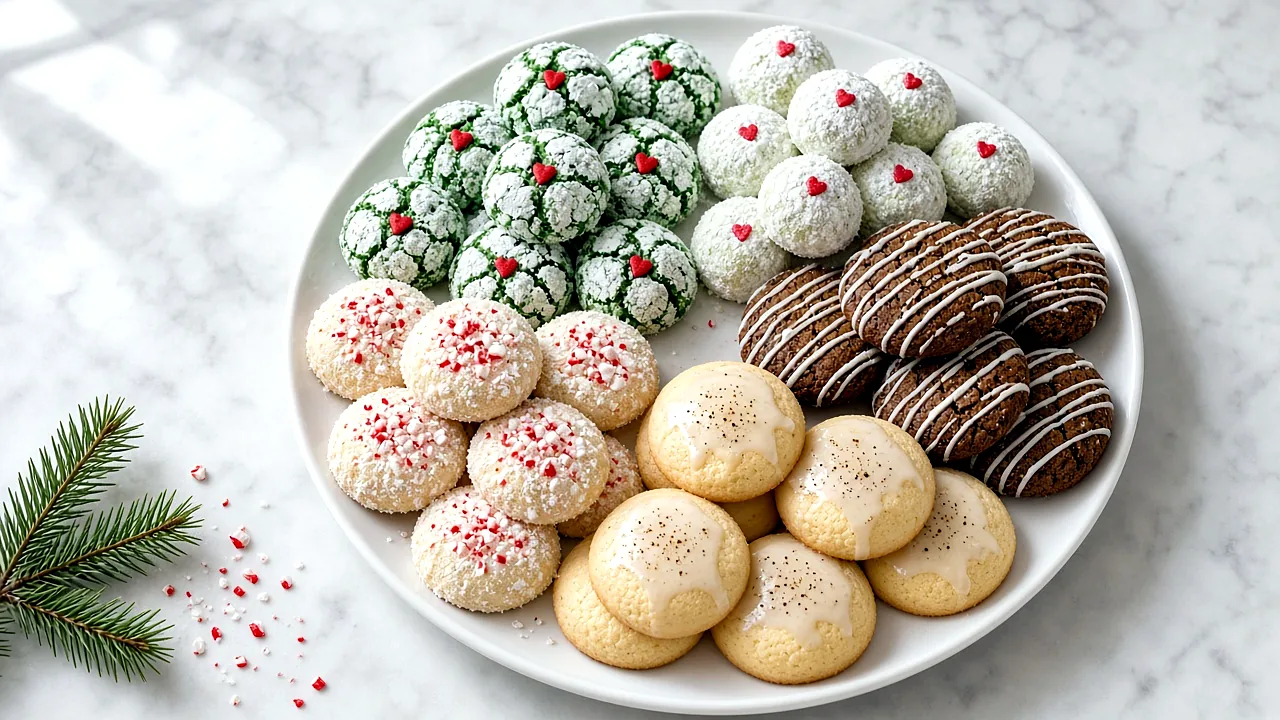 White platter on marble with Grinch crinkle cookies and Grinch snowballs with red hearts, iced gingerbread, glazed eggnog cookies, and peppermint meltaways, with a pine sprig