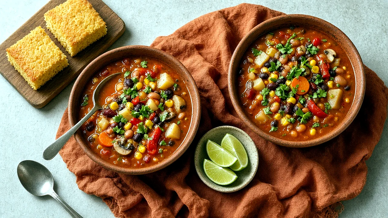 Two bowls of cowboy bean soup topped with cilantro, served with cornbread and lime wedges