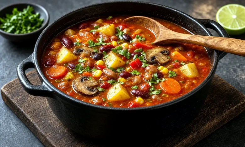 Pot of vegetarian cowboy bean soup with kidney, pinto, and black beans, potatoes, corn, and red pepper in a smoky tomato broth