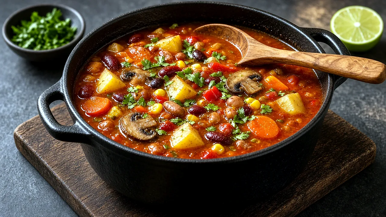 Pot of vegetarian cowboy bean soup with kidney, pinto, and black beans, potatoes, corn, and red pepper in a smoky tomato broth