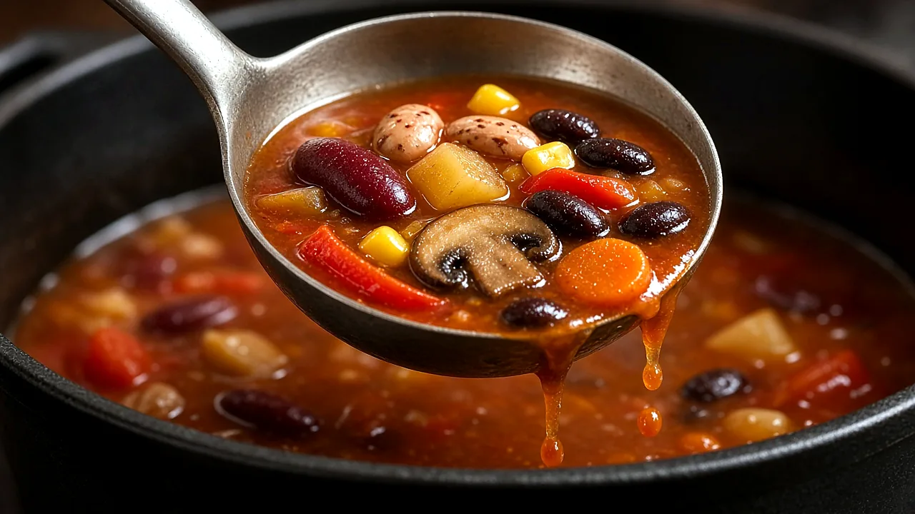 Close-up of a ladle of cowboy bean soup with three kinds of beans, potato cubes, corn, mushrooms, carrots, and red pepper