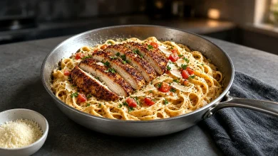 Creamy Cajun chicken pasta in a stainless steel skillet topped with sliced seared chicken and parsley
