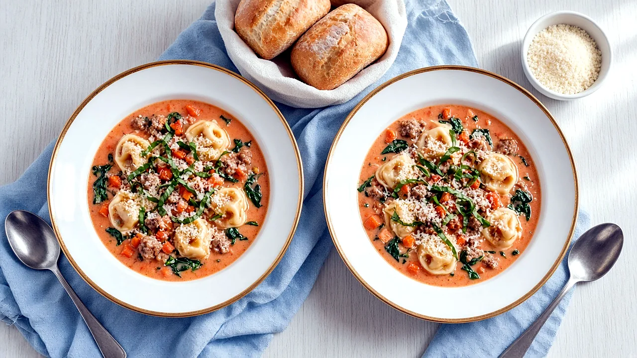 Two bowls of creamy sausage tortellini soup topped with Parmesan and fresh basil
