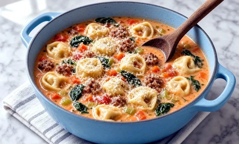 Creamy tortellini soup with Italian sausage, spinach, and carrots in a Dutch oven