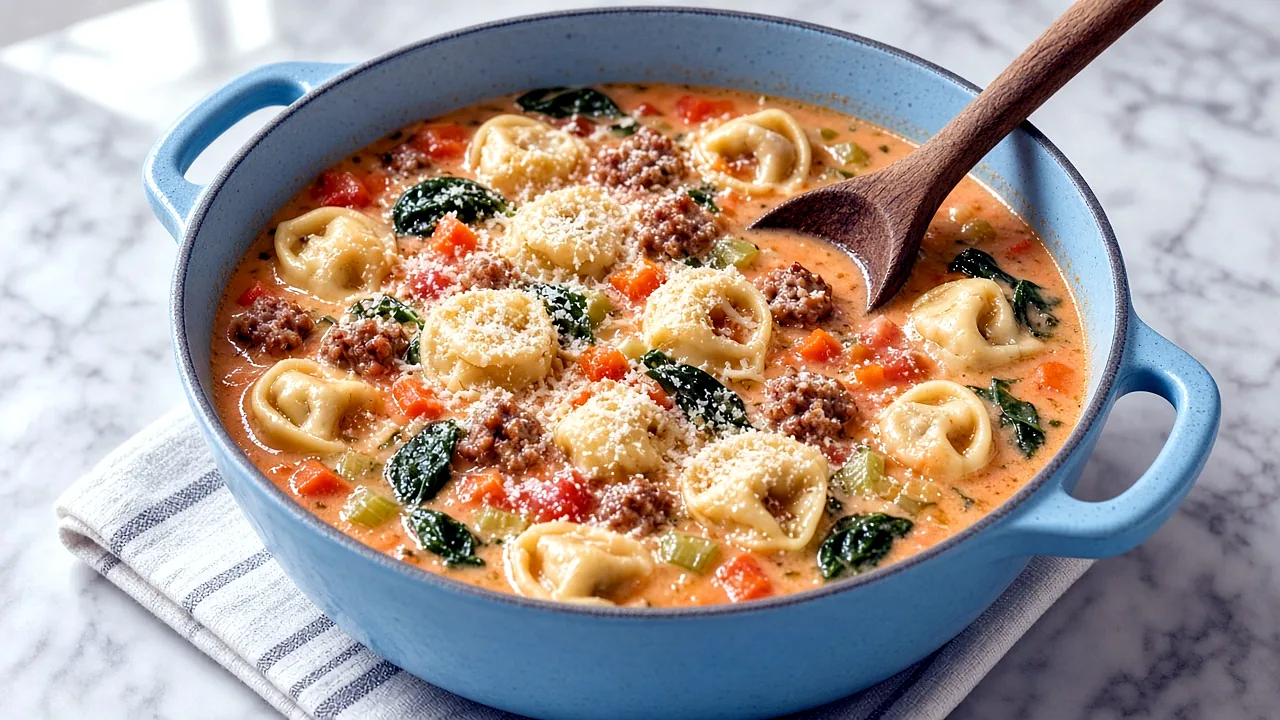 Creamy tortellini soup with Italian sausage, spinach, and carrots in a Dutch oven
