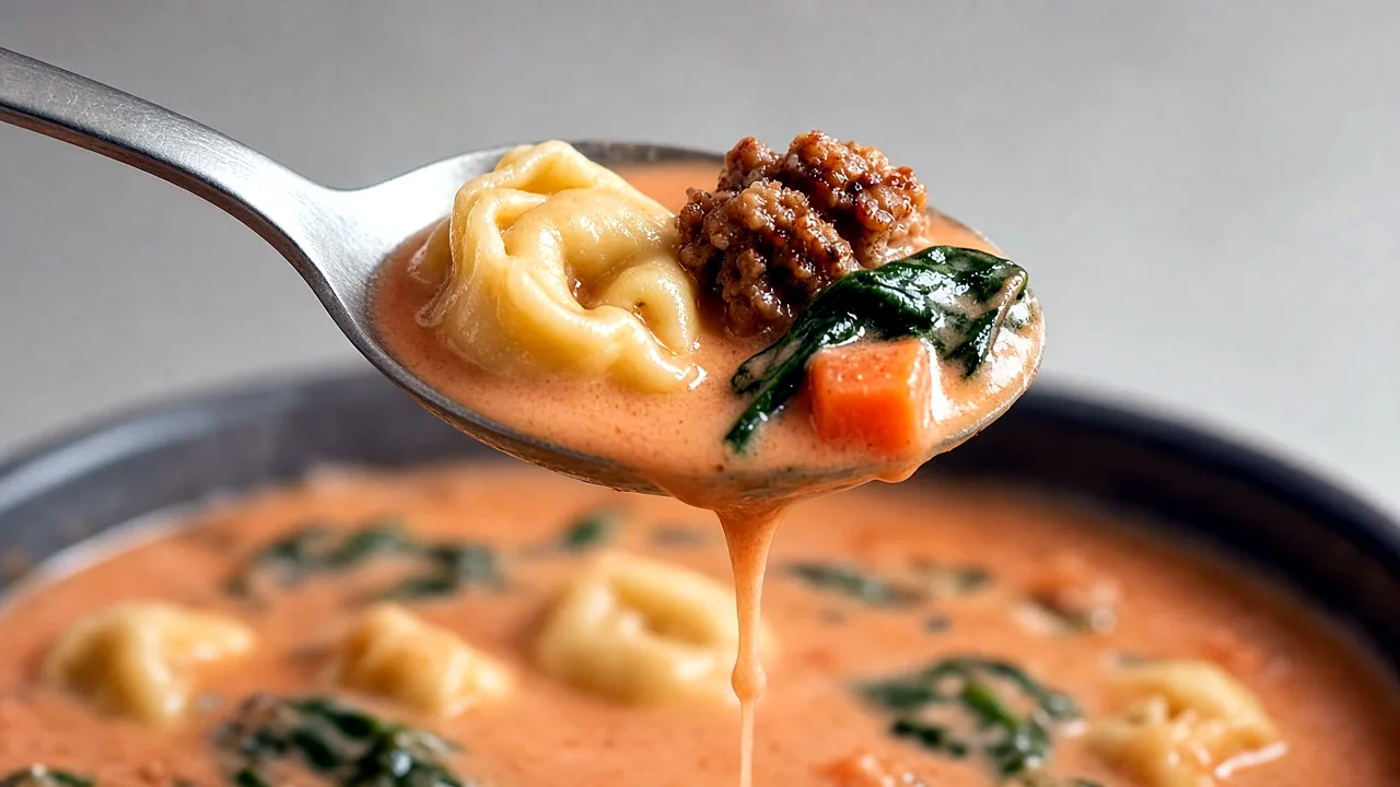Spoonful of creamy tortellini soup showing a cheese tortellini, sausage crumbles, carrot, and wilted spinach