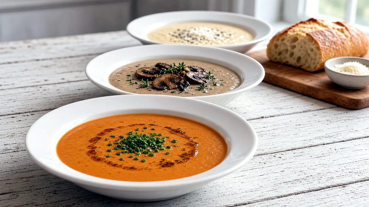 Three white bowls of creamy fall soups on a white wood counter—carrot-ginger bisque with browned butter and chives in front, mushroom thyme in the middle, and cauliflower cheddar in back—with a baguette and grated cheese